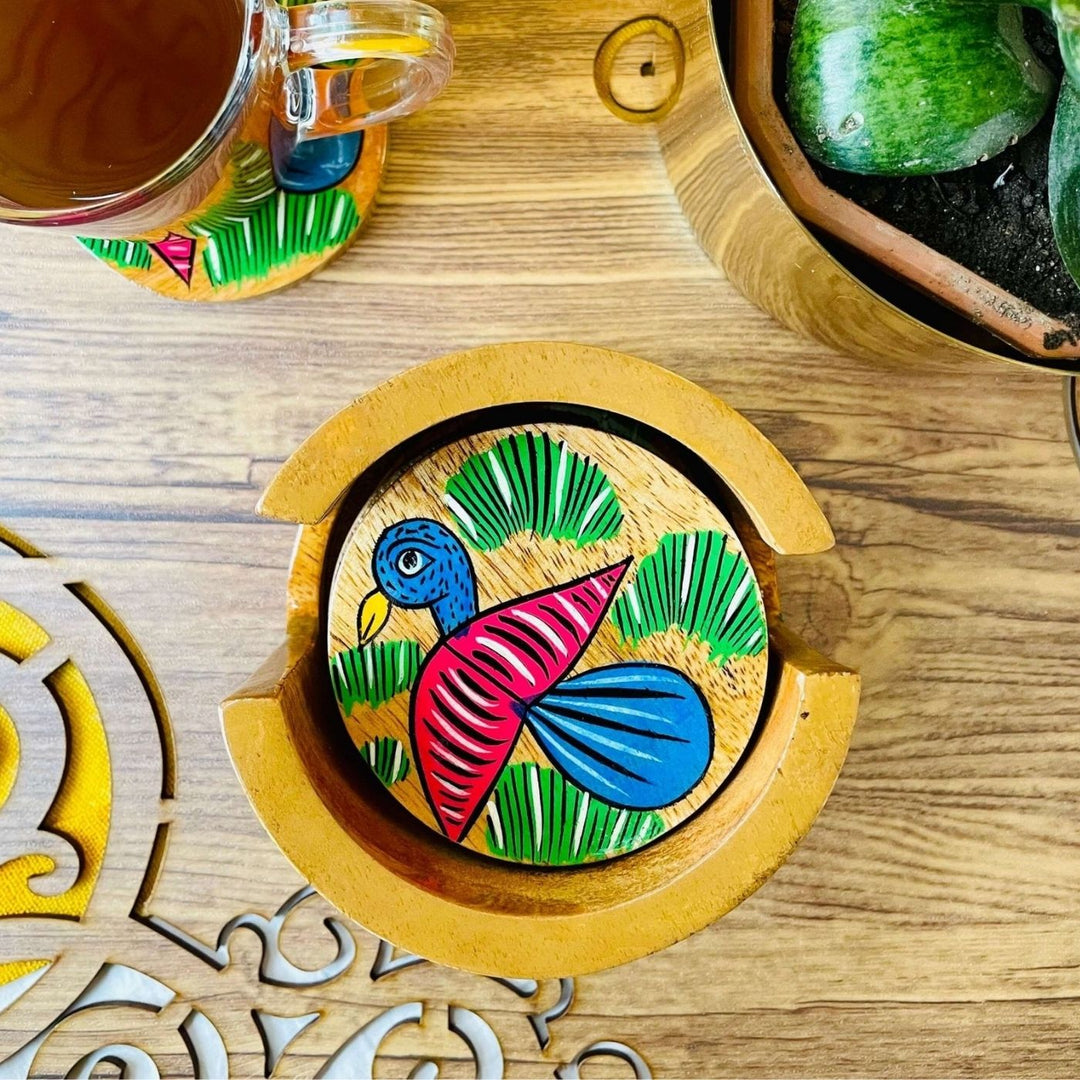 Hand-Painted Patachitra Chahel Wooden Coaster Set | Set Of 6