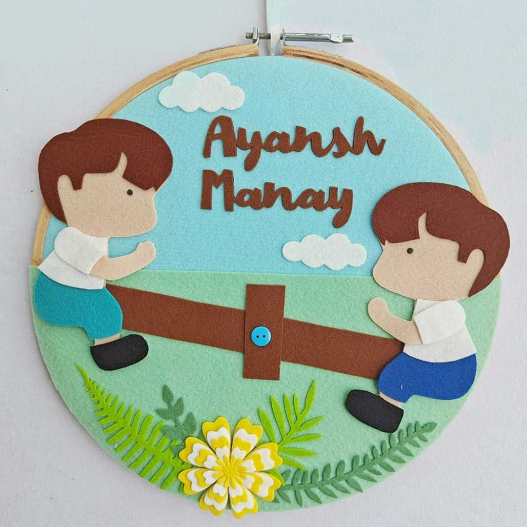 Personalized Handmade Brothers On Seesaw Felt Hoop Name Plate For Siblings