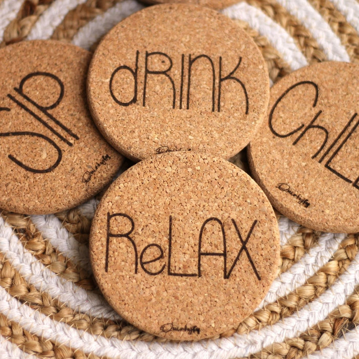 Eco-Friendly Printed Chill & Relax Cork Coaster Set | Set of 4