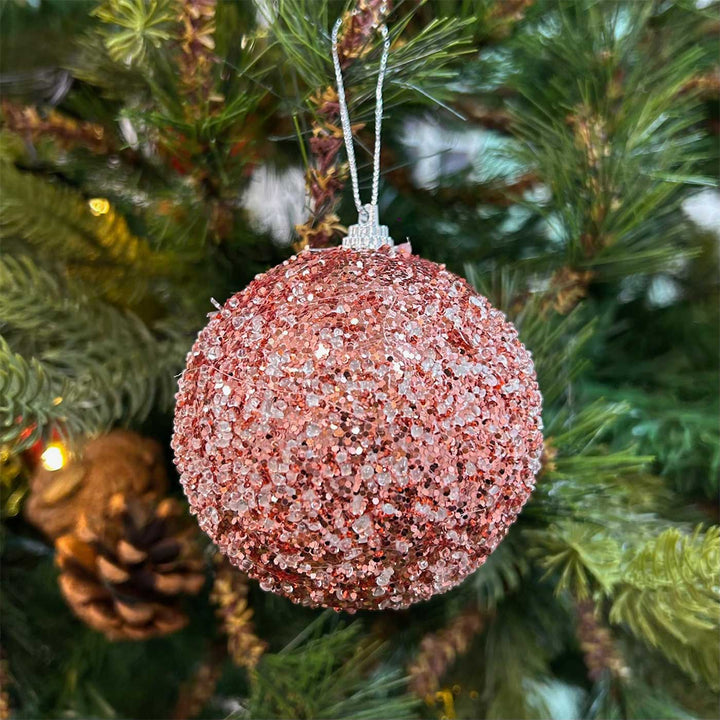 Handmade Pink Rose Gold & Red Shimmer Embellished Chirstmas Ball Ornaments For Decoration | Set Of 9