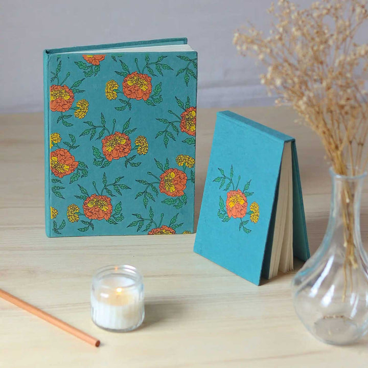 Handmade Genda Phool Unruled A5 Journal & A6 Notepad | Set Of 2