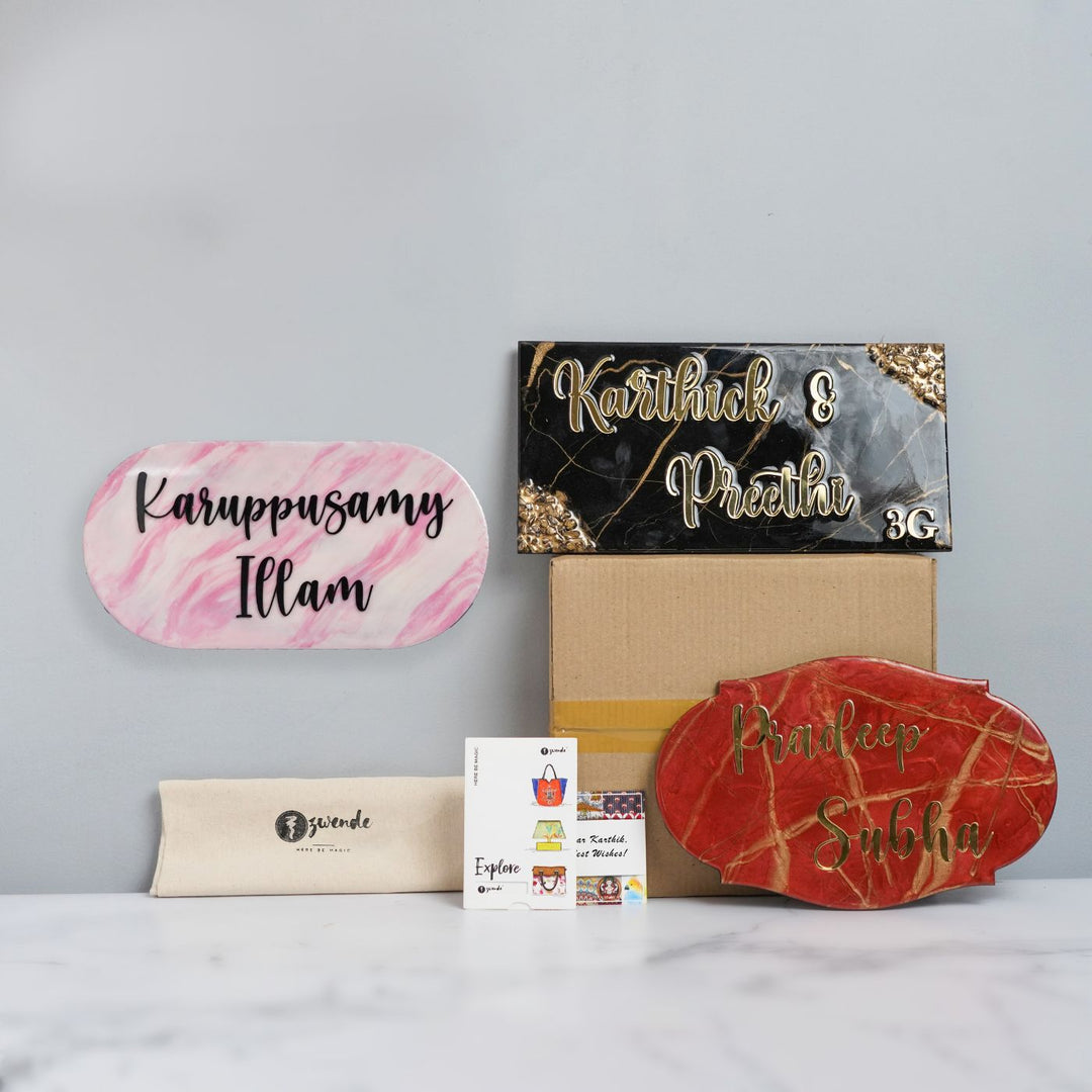 Handmade Resin White & Gold Oval Marbled Name Plate