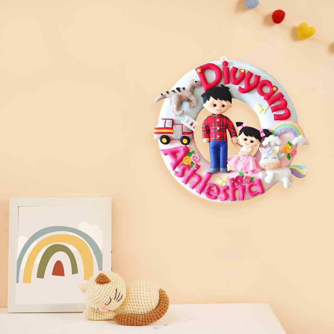 Hand-stitched Hobby Themed Round Felt Kids Name Plate for Siblings