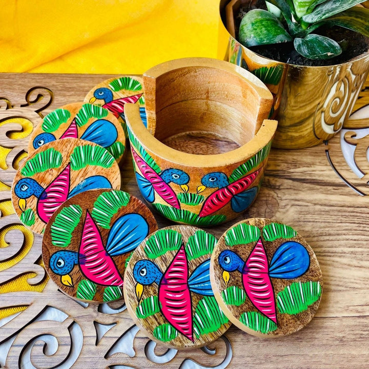 Hand-Painted Patachitra Chahel Wooden Coaster Set | Set Of 6