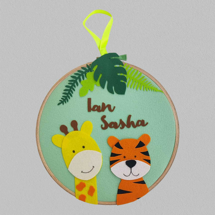 Personalized Handmade Giraffe And Tiger Felt Hoop Name Plate