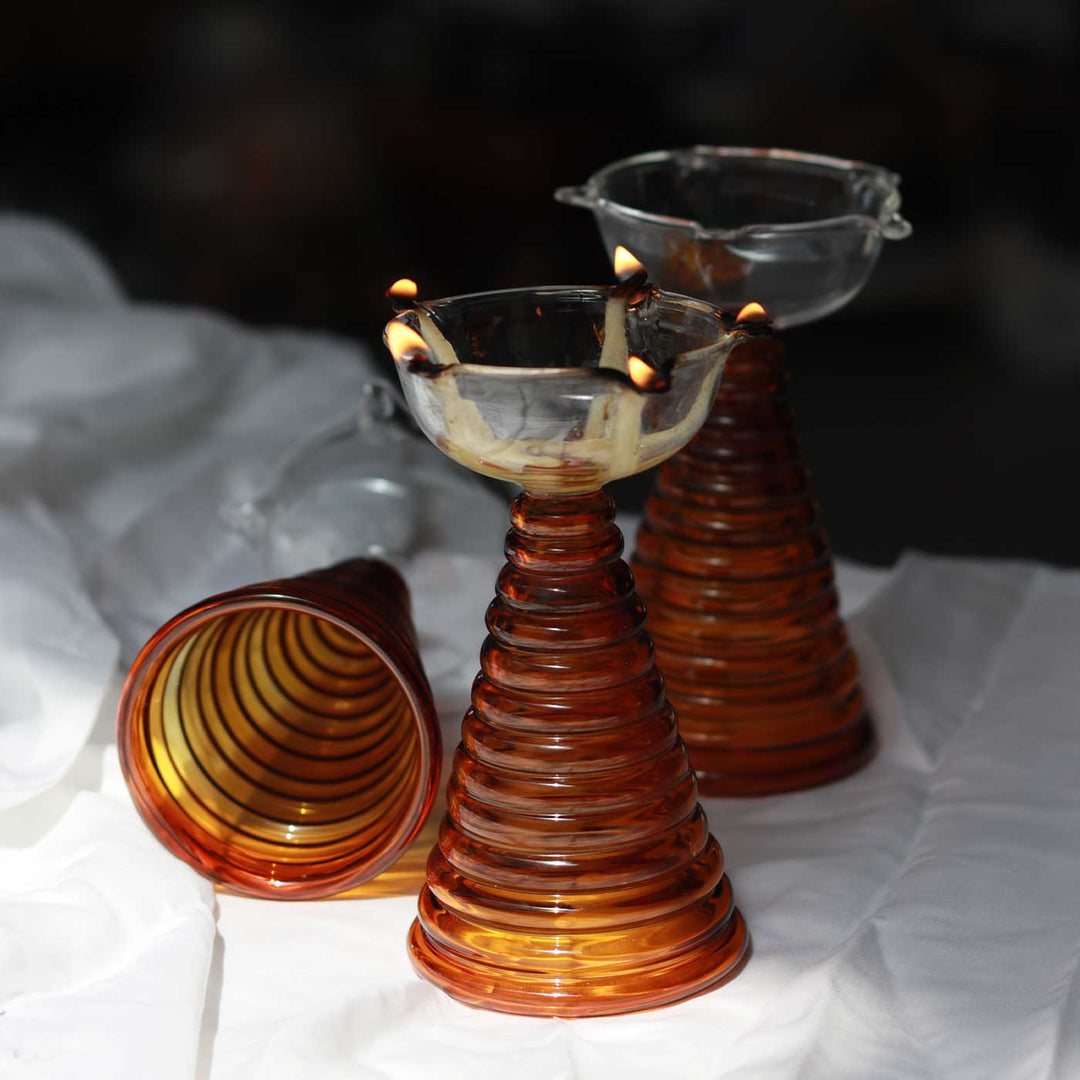 Handmade Amber Tall Borosil Glass Oil Lamp / Diya | 5.9  inch