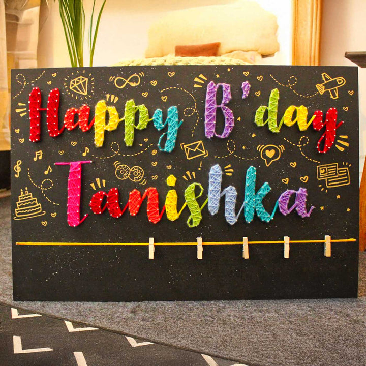 Personalized String Art Multicolor "Happy Birthday" MDF Wood Name Plate