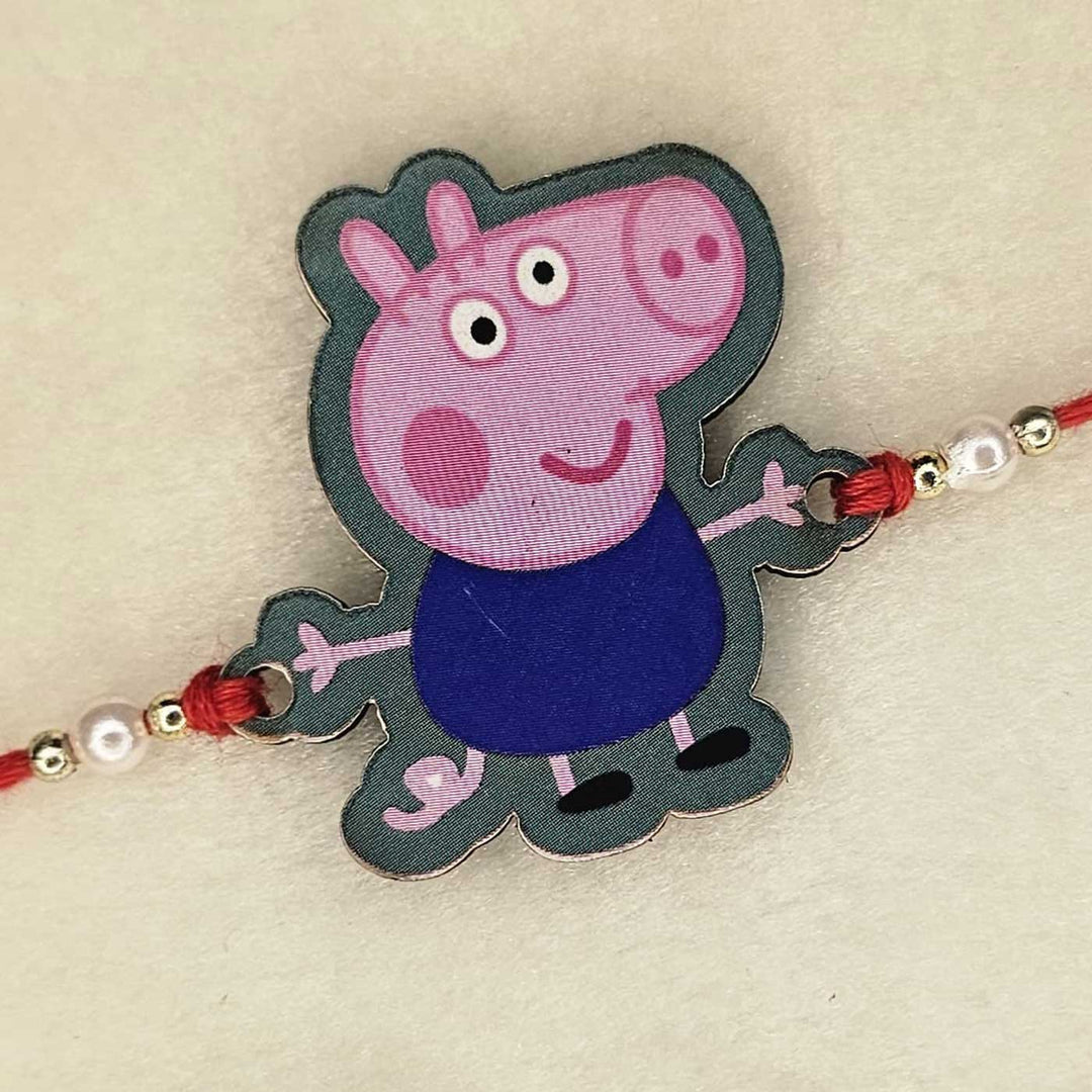 Handmade Peppa Pig MDF Wood Kids Rakhi With Roli Chawal