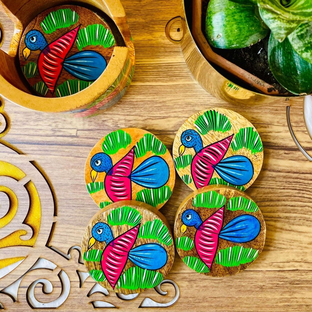 Hand-Painted Patachitra Chahel Wooden Coaster Set | Set Of 6