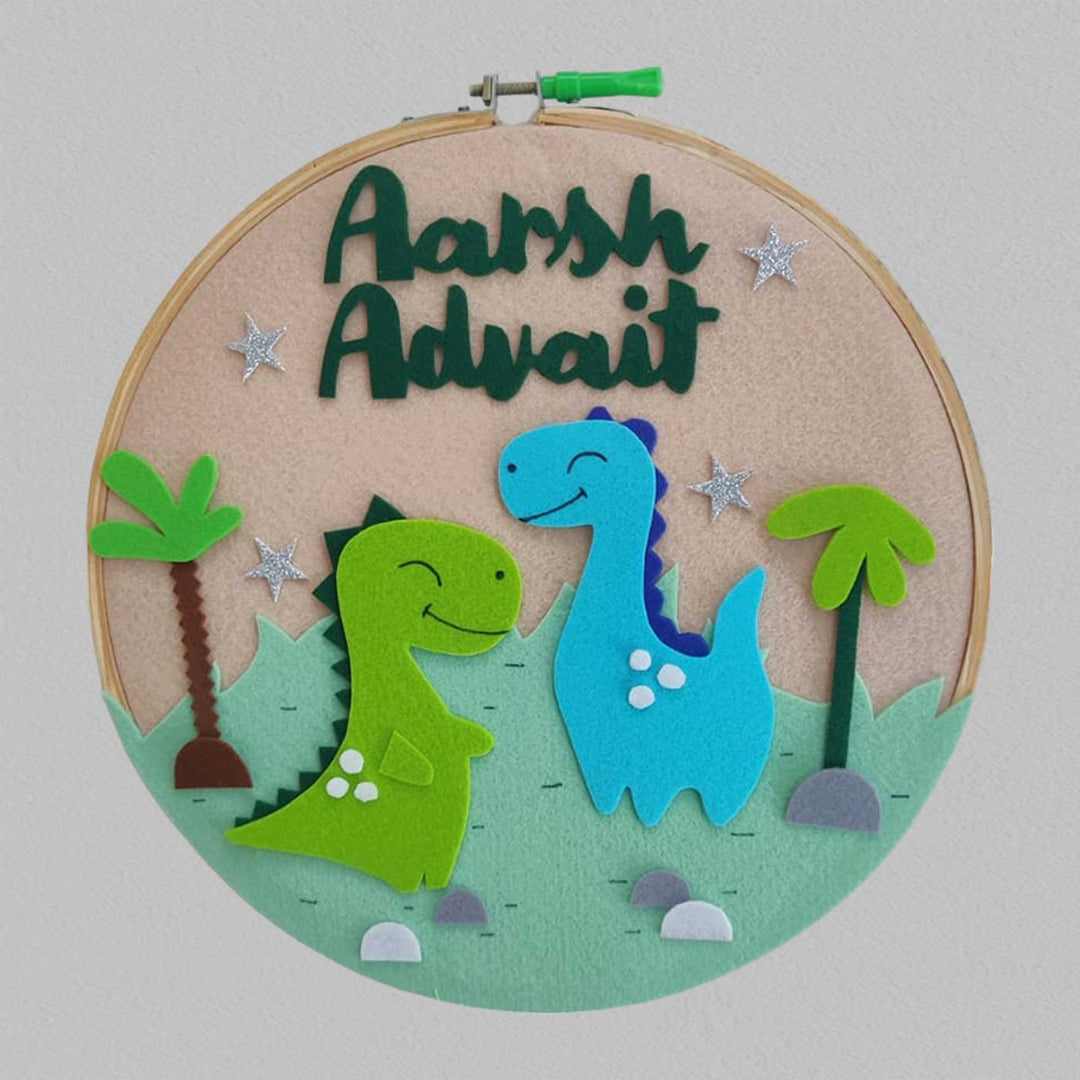 Personalized Handmade Dino Theme Felt Hoop Name Plate