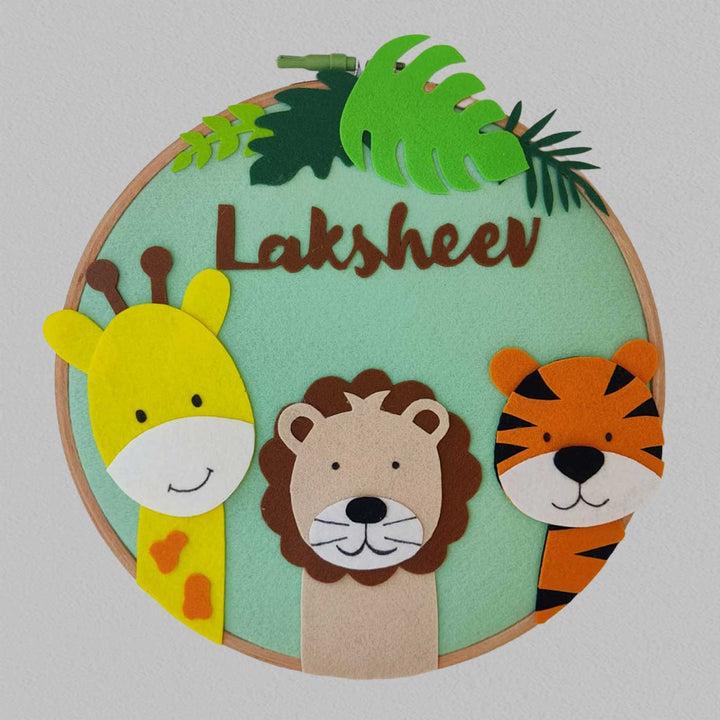 Personalized Handmade Giraffe, Tiger, And Lion Felt Hoop Name Plate