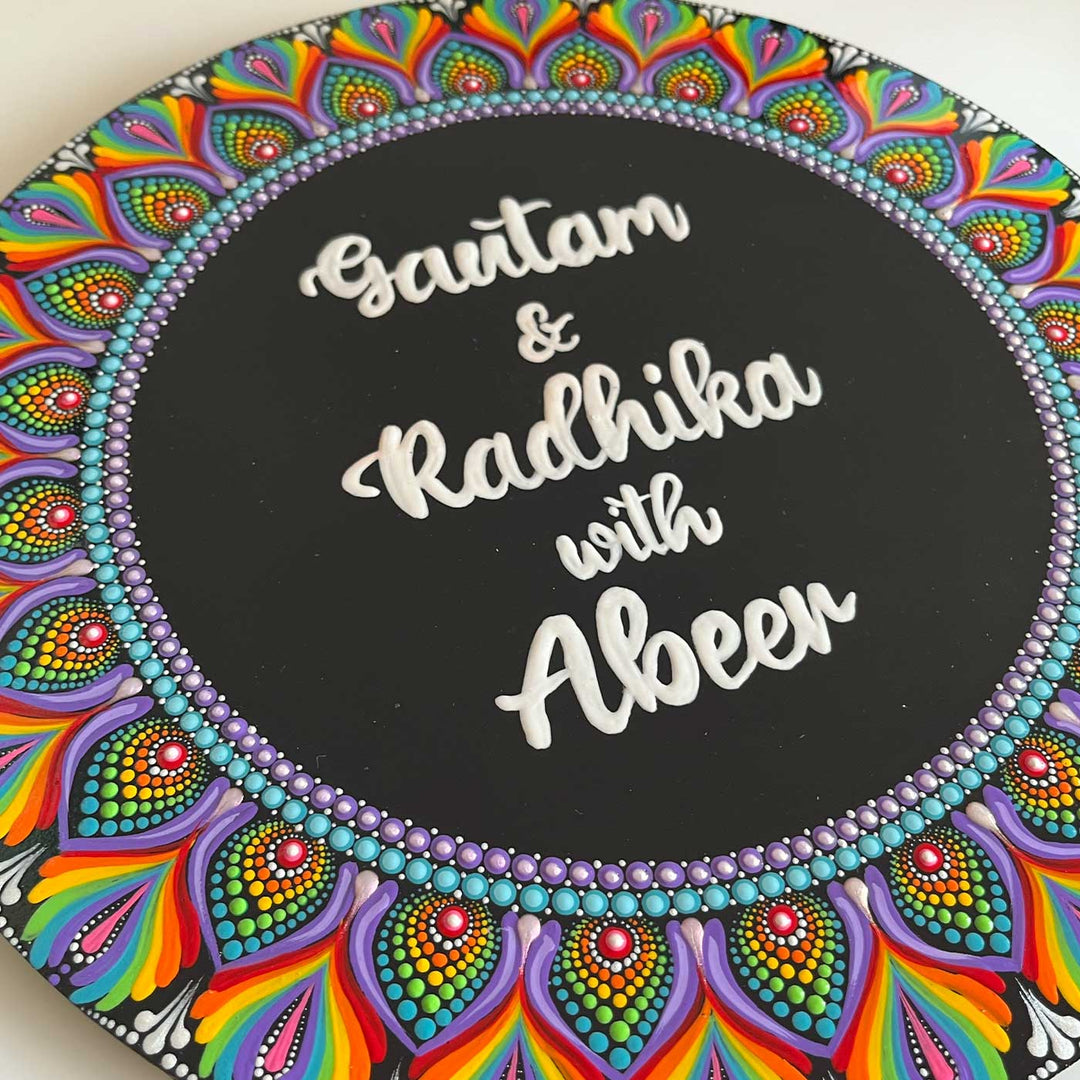 Personalized Handmade Circular Rainbow Dot Mandala Mdf Wood Name Plate