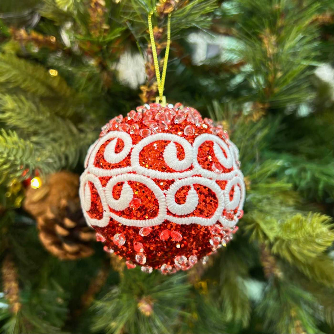 Handmade Rose Gold & Red Shimmer Embellished Chirstmas Ball Ornaments For Decoration | Set Of 9