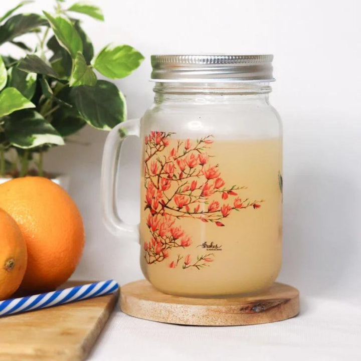 Botanical Print Mason Jar with Metal Lid & Straw | 500 ml