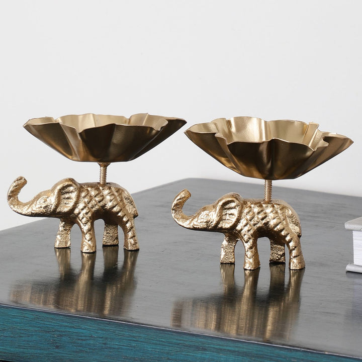 Handmade Golden Elephant Aluminium Tealight Holder | Set Of 2