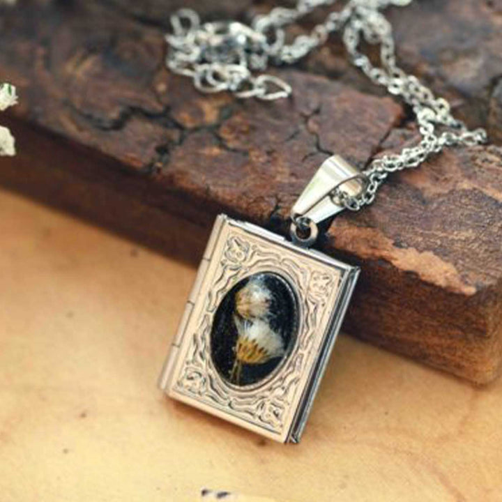 Photo Personalized Dandelion Preserved Flower Book Shaped Brass Necklace With Locket