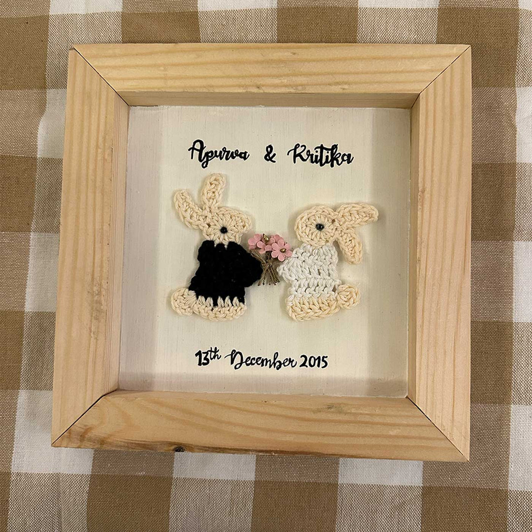 Personalized Handmade Crochet Bunny Wooden Plaque For Couples