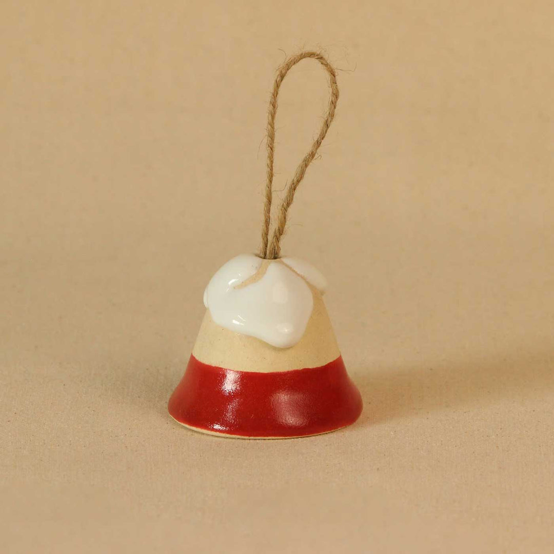 Handmade Ceramic Beige & Red Bell Ornaments For Christmas Tree Decoration | Set Of 5