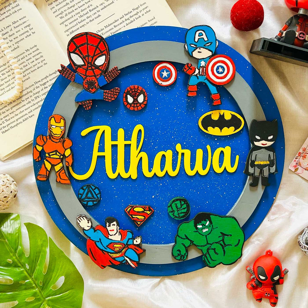 Personalized Hand-Painted Superhero Mdf Wood Kids Name Plate