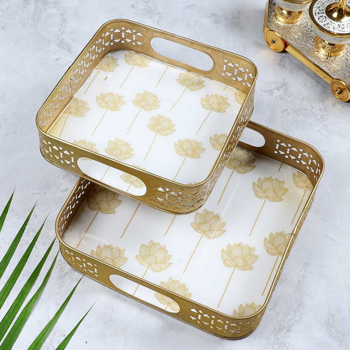 Handmade Gold Lotus Meena Tray | Set Of 2