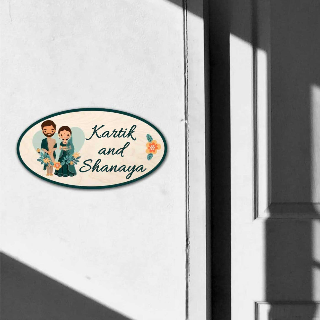 Printed Wooden Oval Character Nameplate For Couples