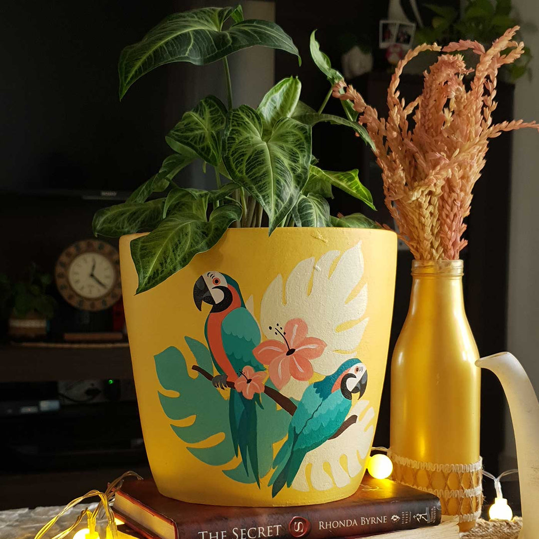 Hand-Painted Yellow Tropical Parrot Terracotta Planter Pot