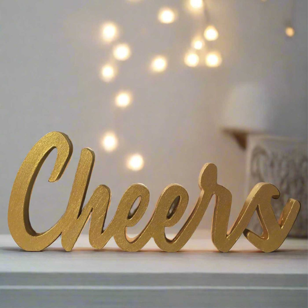 Handmade Golden "Cheers" Mdf Wood Desk Cutout For Christmas Table Decoration