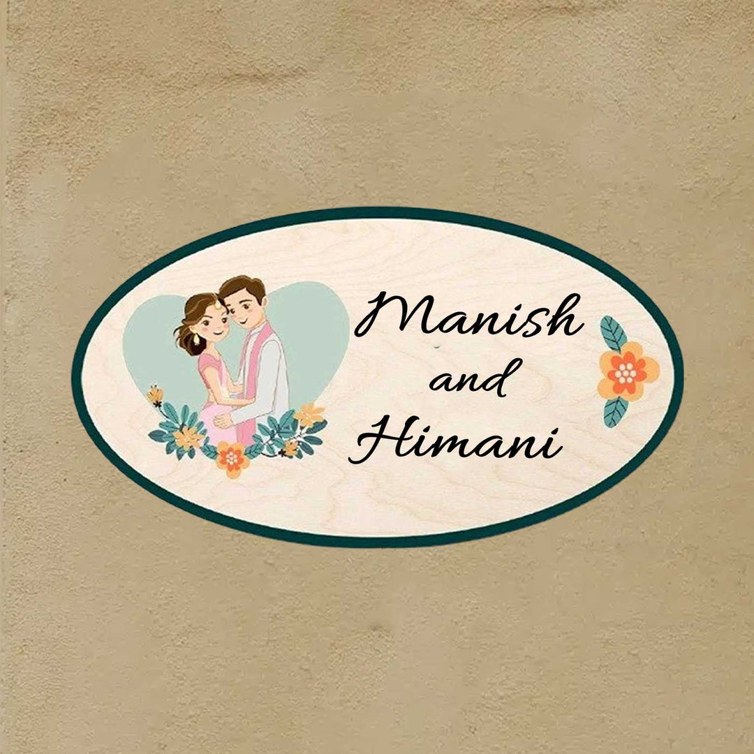 Printed Wooden Oval Character Nameplate For Couples