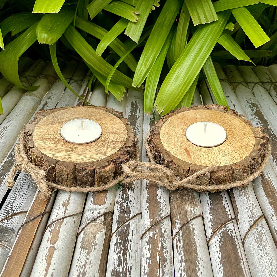 Handmade Premium Tree Bark Tealight Holders Gift | Set of 2