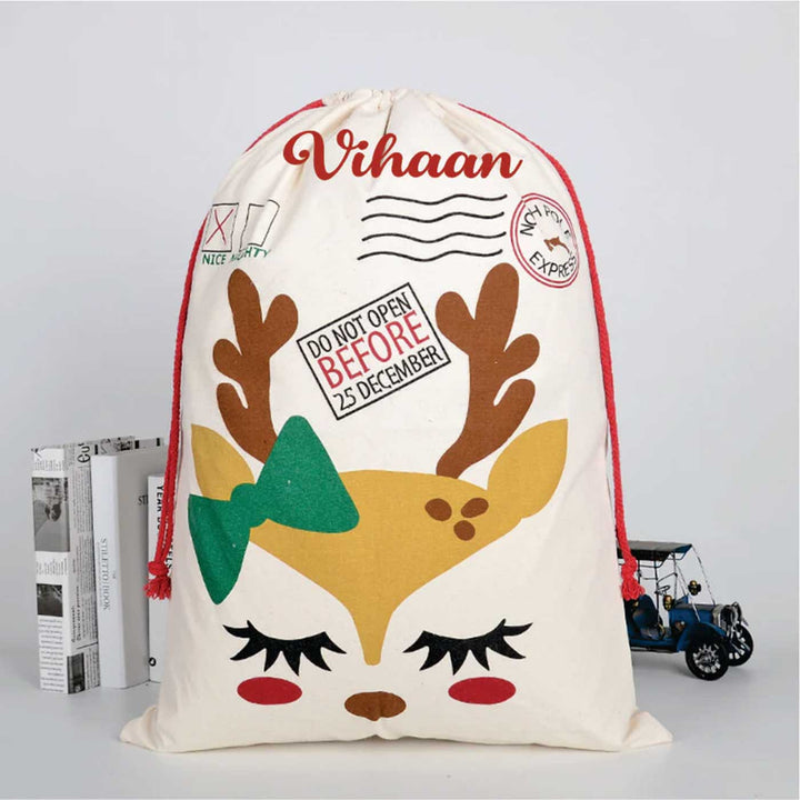 Personalized Reindeer With A Bow Extra Large Muslin Gift Sack | Xmas Gifting Ideas