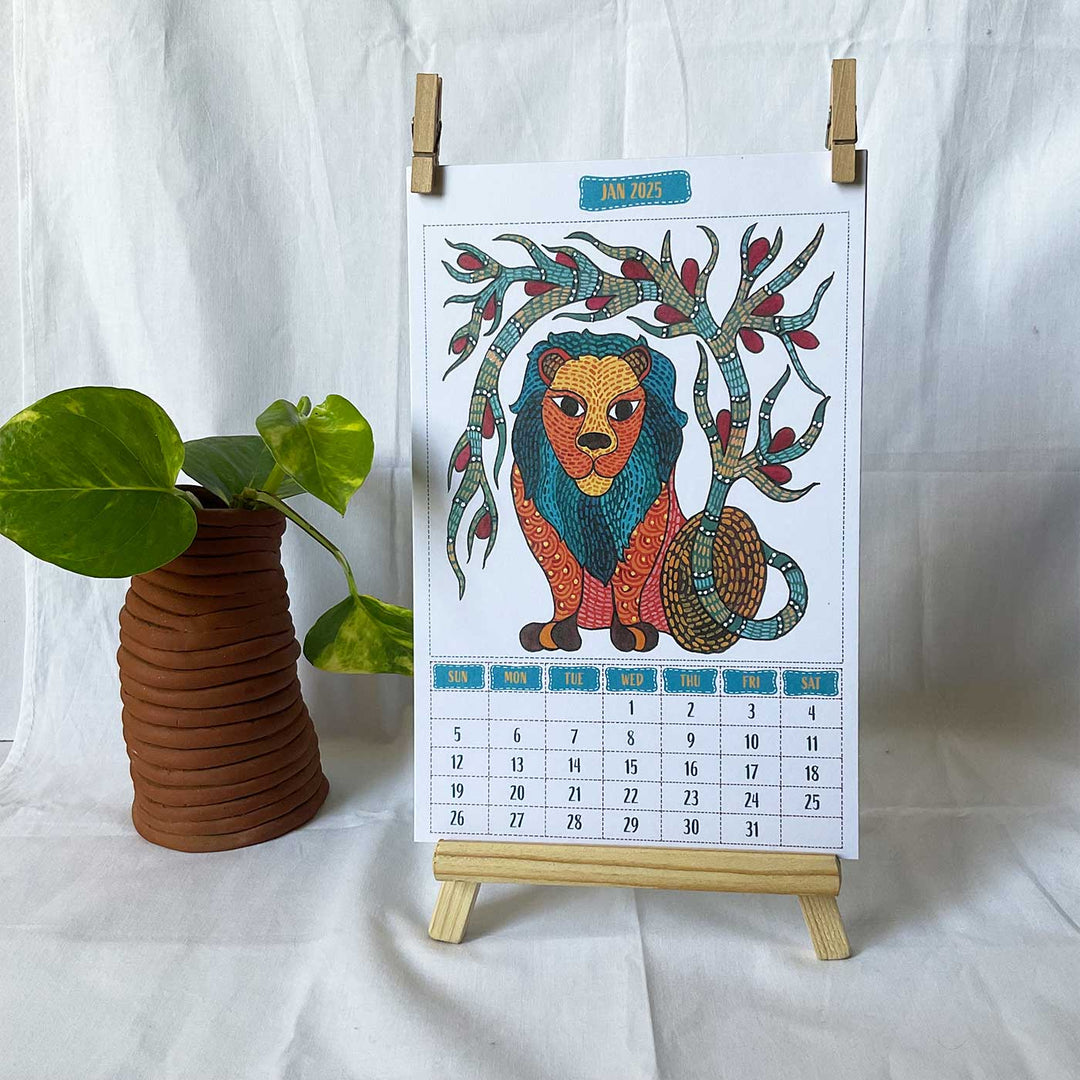 2025 Printed Indian Gond Art Theme Desk Calendar With Easel & Wooden Clips