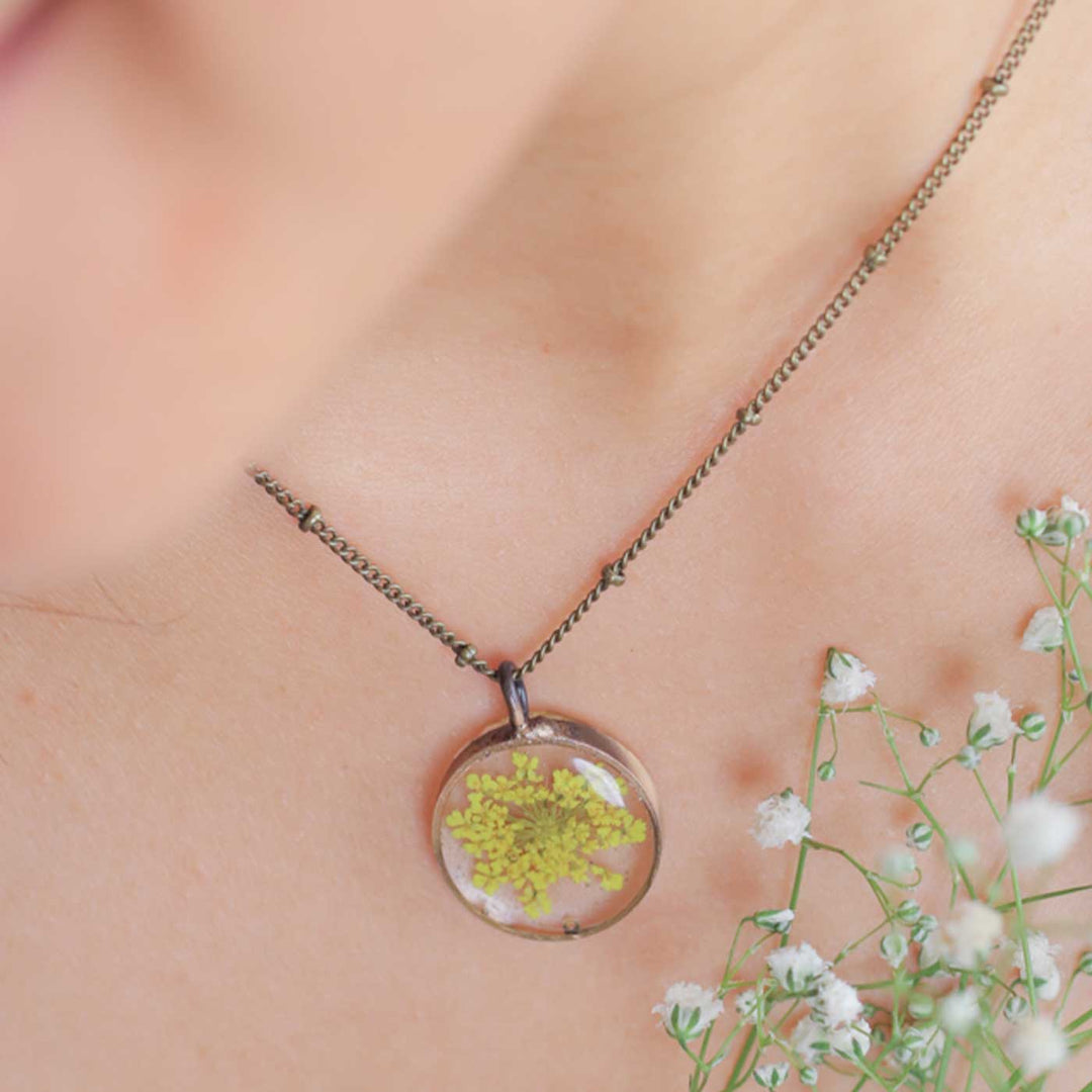 Handmade Preserved Flower Sunshine Brass Necklace