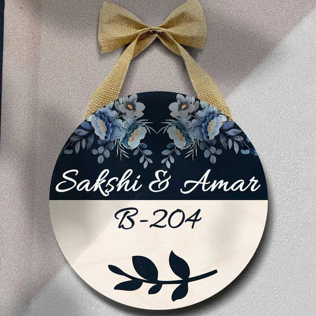 Printed Floral Wooden Round Nameplate For Couples With Bow