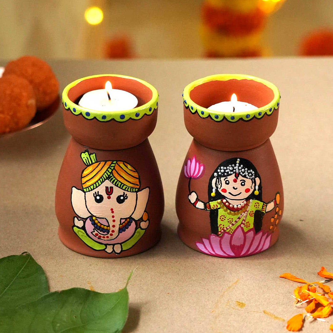 Handmade Ganesh Lakshmi Terracotta Tealight Holder | Set Of 2