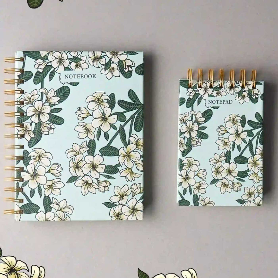 Handmade Frangipani Green Spiral Notebook and Notepad Set | 80 Pages