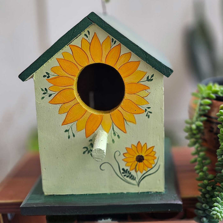 Hand-Painted Green Sunflower Bird House