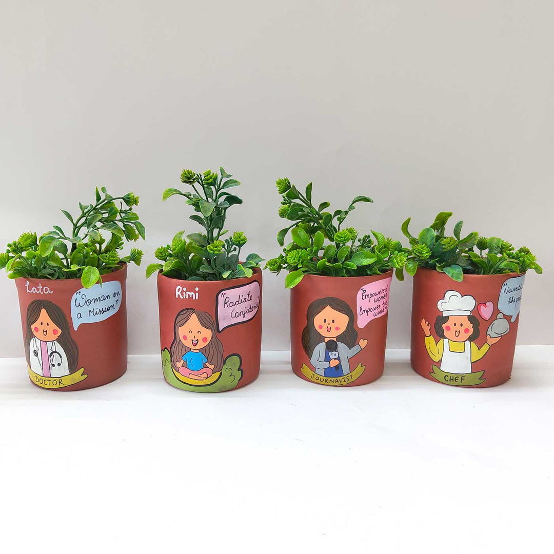 Handpainted Personalized Clay Planter With Meditation Avatar Illustrations And Quote