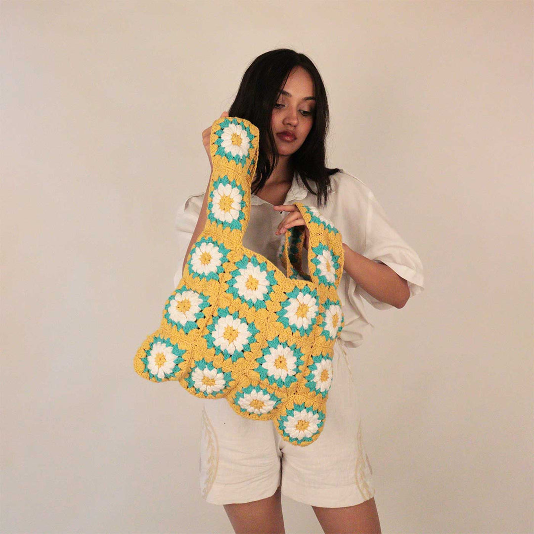 Handmade Crochet Yellow Floral Shopper Tote Bag