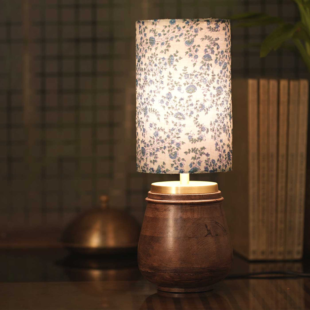 Handmade Ellora Neel Mangowood Table Lamp With Blue Printed Shade & Brass Accent