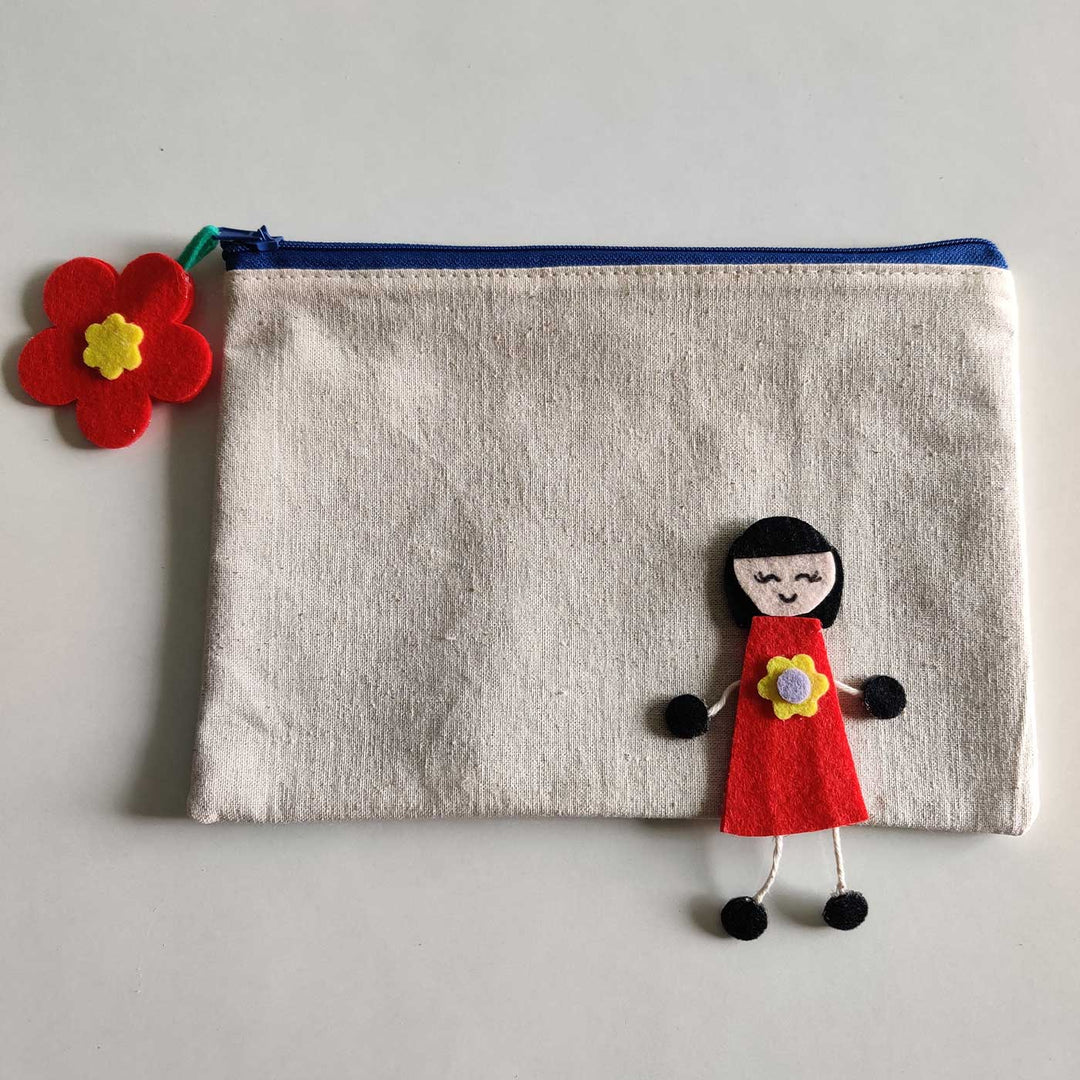 Handmade Red Flower & Doll Cotton Pouch