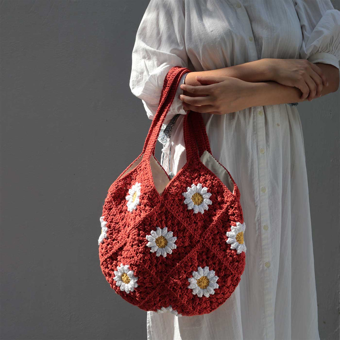 Handmade Crochet Pink Daisy Hobo Shoulder Bag