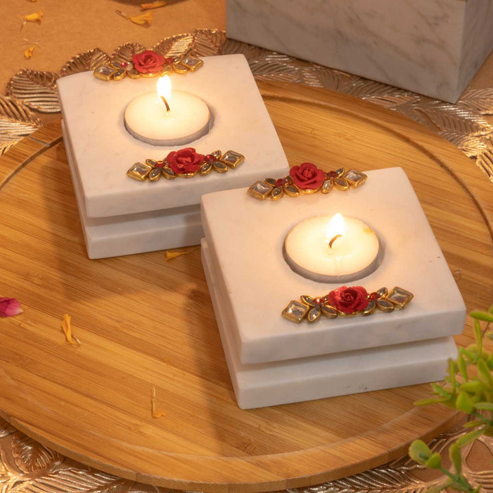 Handmade Decorative Square Marble Tealight Holder | Set Of 2