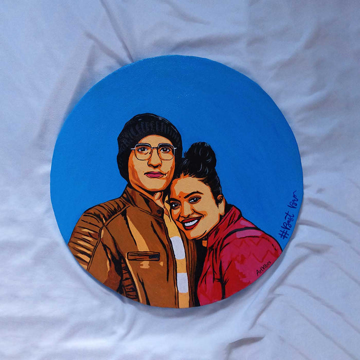 Personalized Photo Based Caricature Round Blue Portrait For Couples