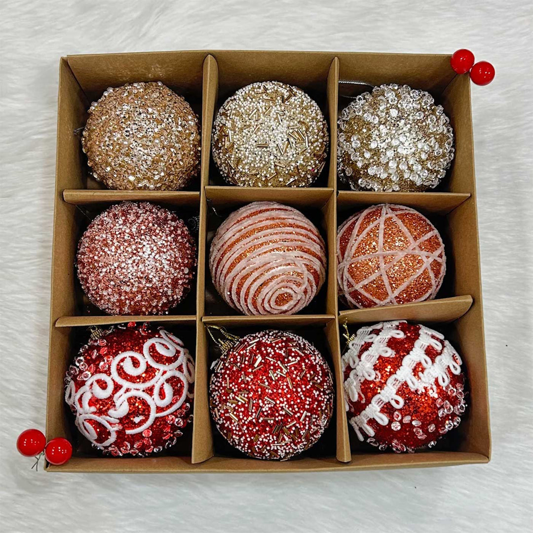 Handmade Rose Gold & Red Shimmer Embellished Chirstmas Ball Ornaments For Decoration | Set Of 9