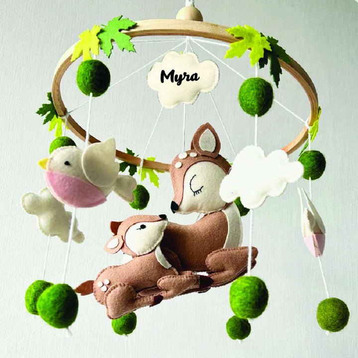 Personalized Handmade Mommy'S Little Fawn Felt Cot Mobile For Newborns