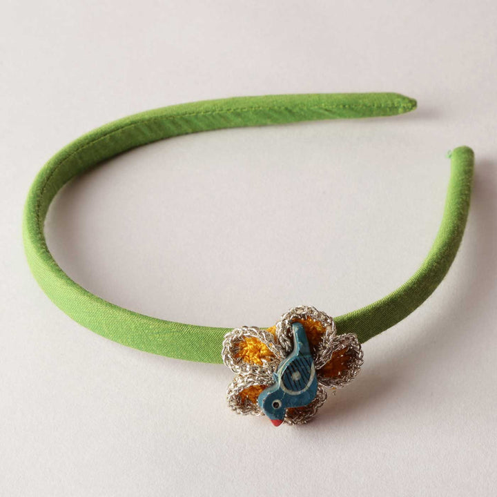 Handmade Green & Blue Bird Crochet Flower Headband