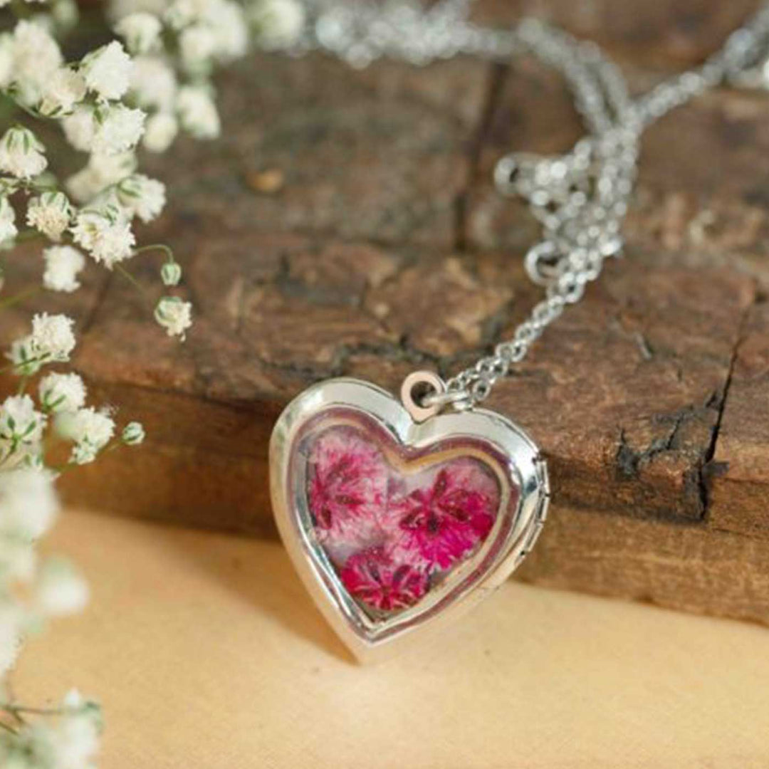 Photo Personalized Heart Shaped Gypsophillia Preserved Flower Brass Necklace With Locket