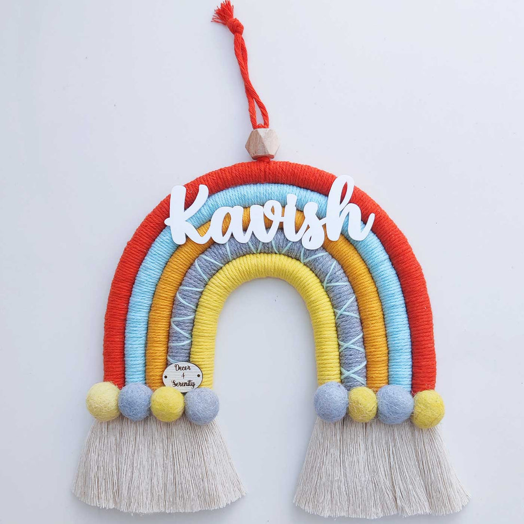 Personalized Handmade Macrame Orange & Yellow Pom Pom Rainbow Kids Name Plate With 3D Letters