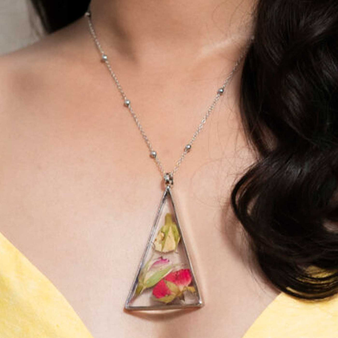 Handmade Preserved Flower Rose Garden Pyramid Brass Necklace