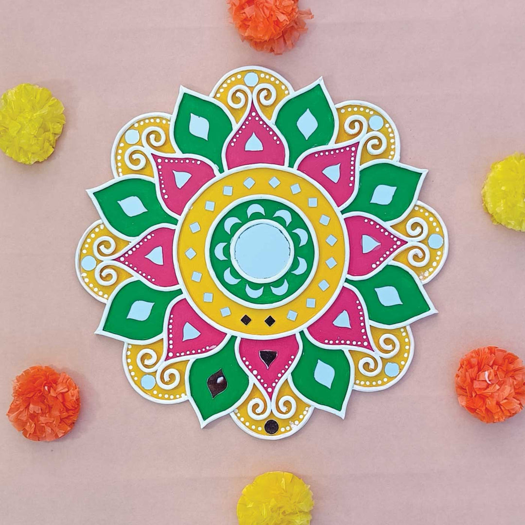 Handmade Green & Yellow Lippan Art Floral MDF Rangoli